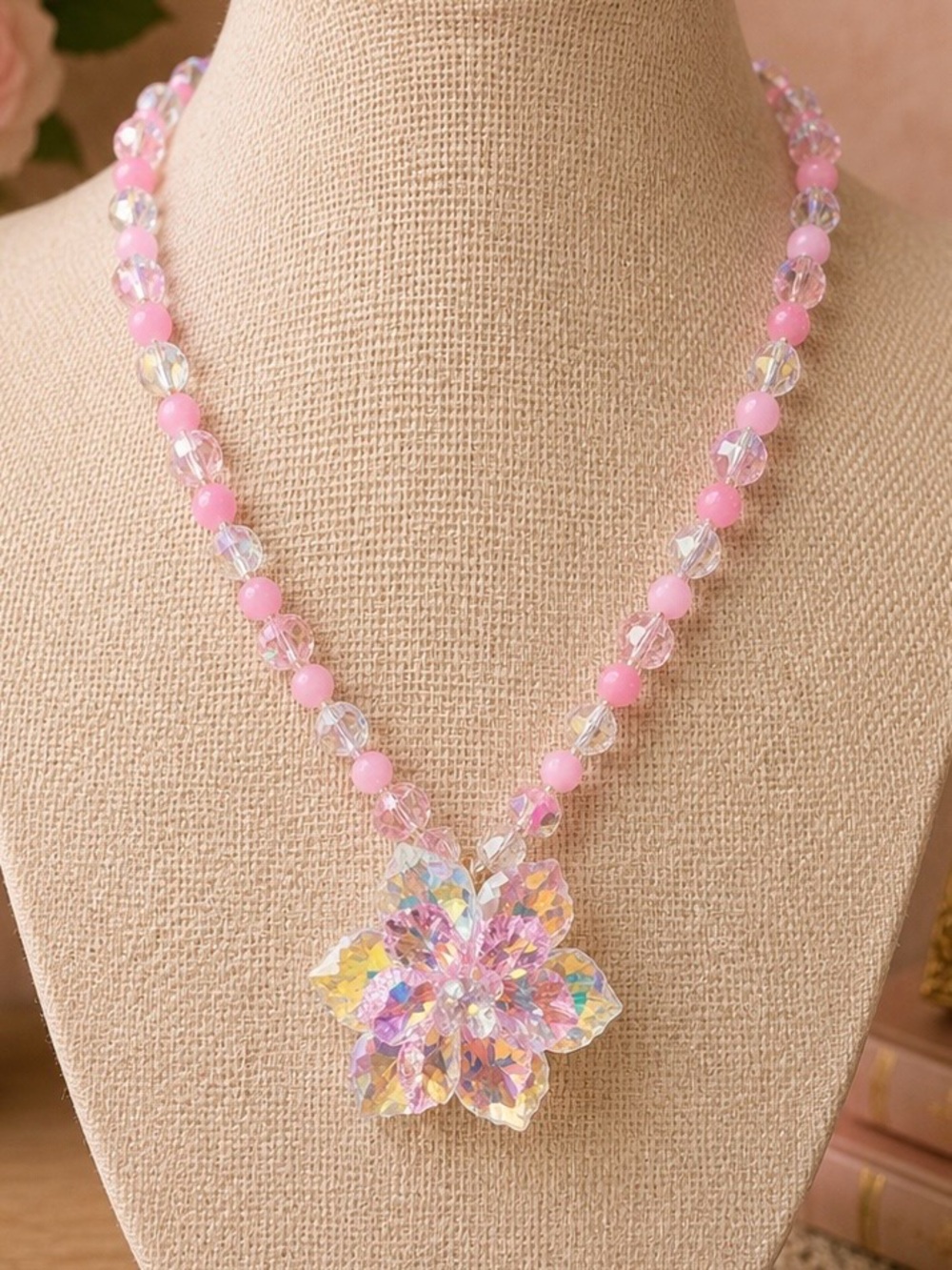 Handmade Pink Blammer AB Flower Necklace